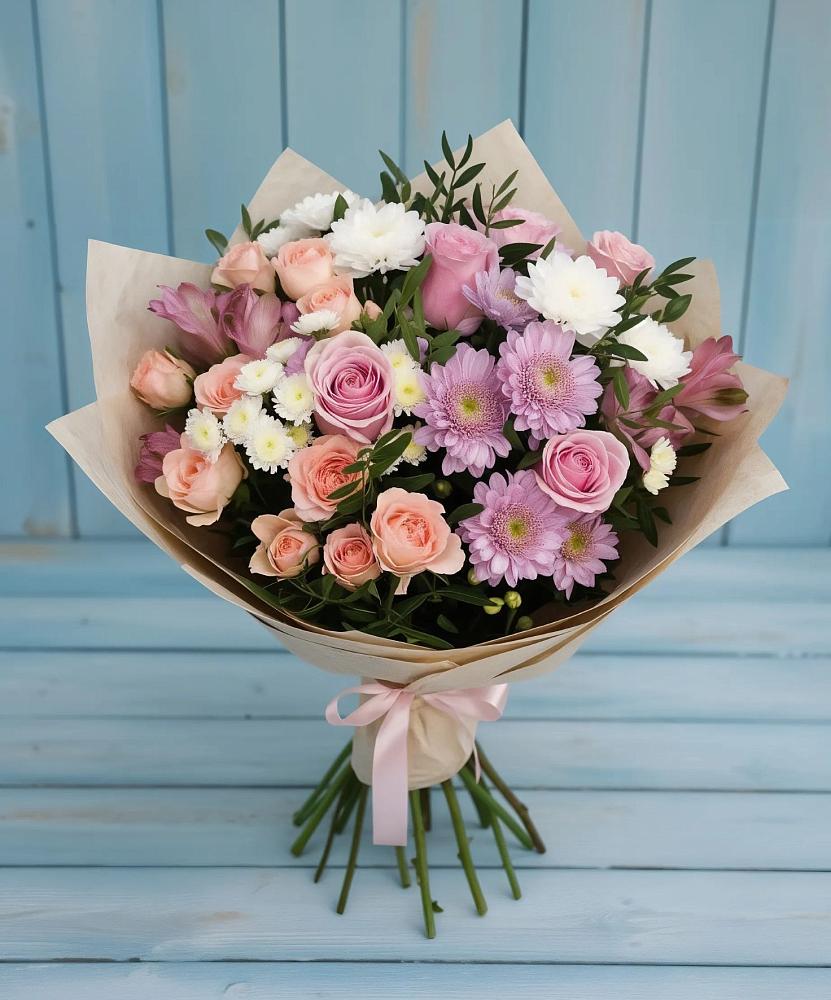 Букет цветов из: Хризантемы, Розы и Альстромерии в Розе Челябинской области