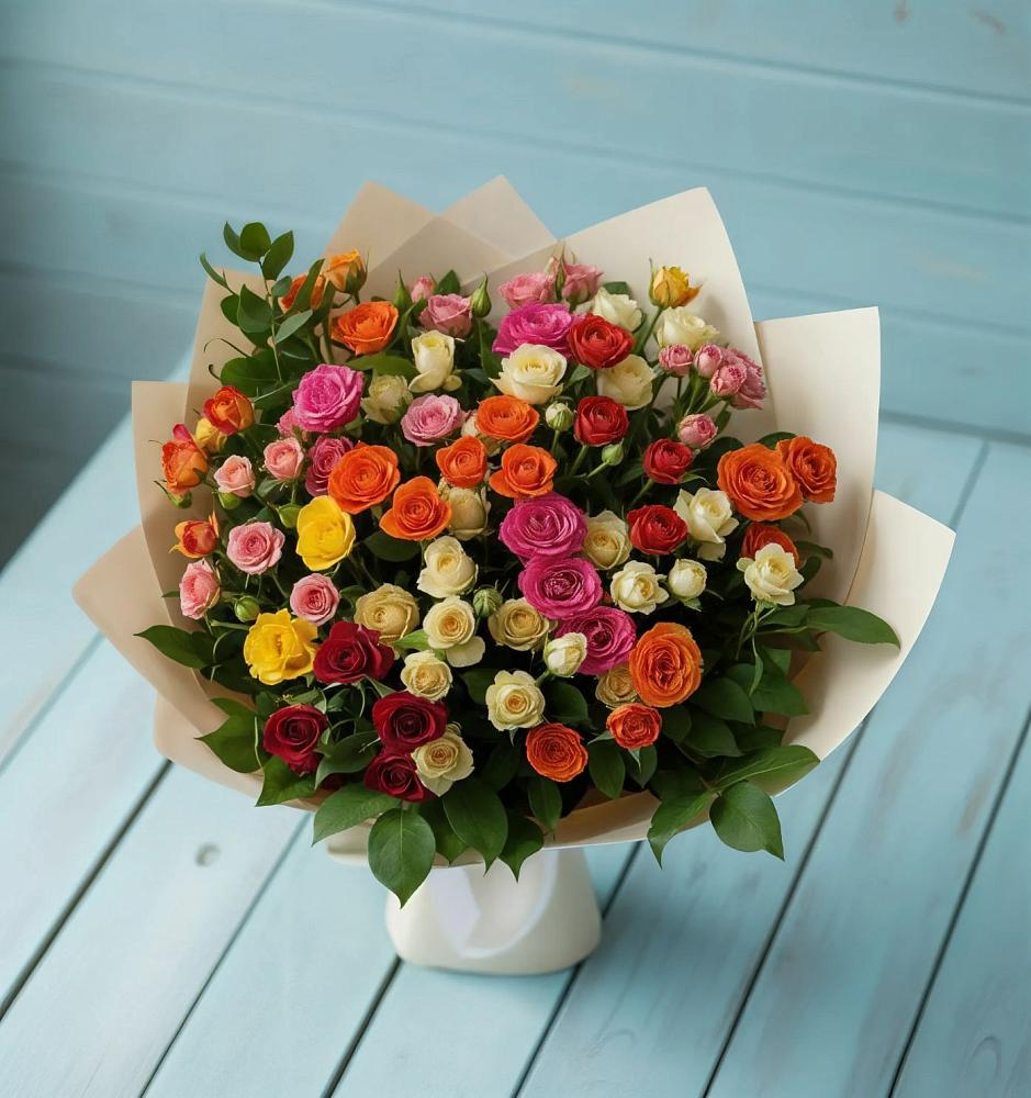 Букет Микс из разноцветных кустовых роз в Розе Челябинской области