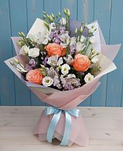 Букет цветов из:  Лизиантусы, Розы, Альстромерии и Гипсофила в Розе Челябинской области