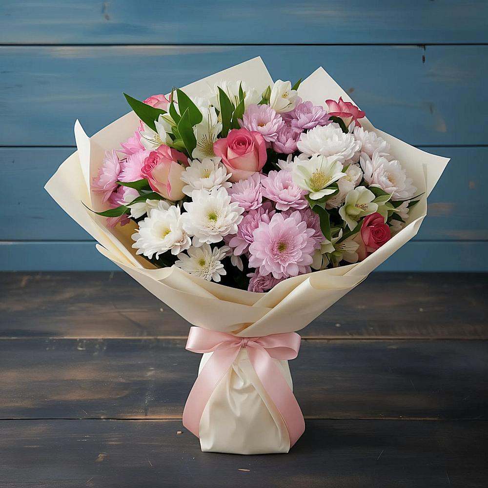 Букет цветов из: Хризантемы, Альстромерии и Розы в Розе Челябинской области